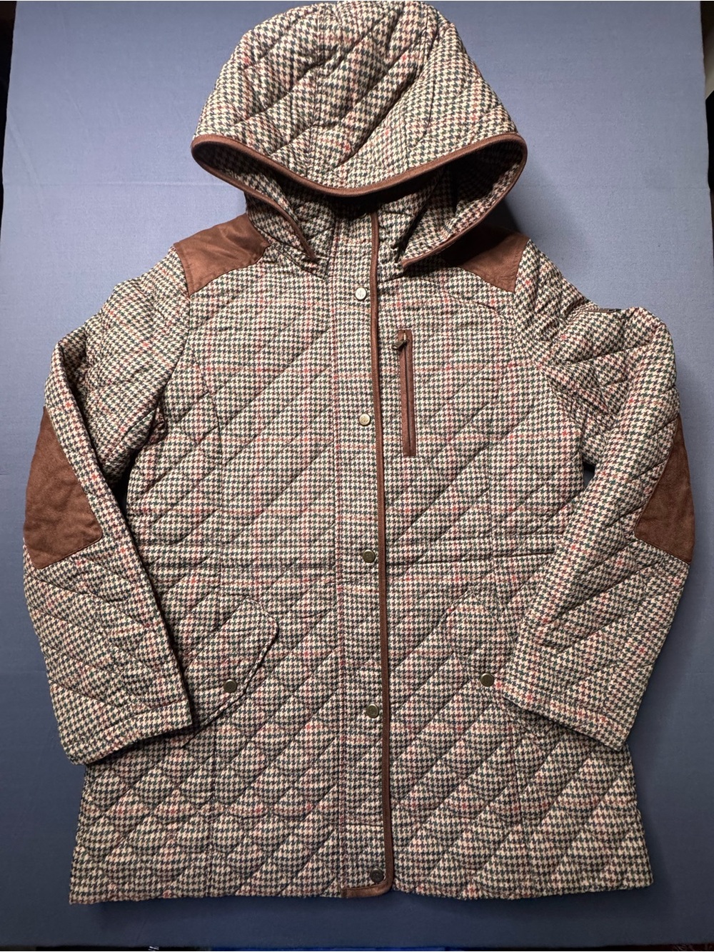 Polo Ralph Lauren Womens L Hooded Quilted Coat Box Houndstooth Jacket Brown Tan